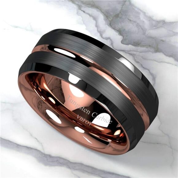 Men's Black Brushed Rose Gold Wedding Band Ring - Men's Wedding Rings - Picture 7 of 9
